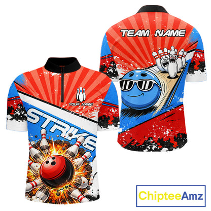 Funny Bowling Boom Strike Bowling Shirt For Men Custom Red, White and Blue retro Team Bowling Jerseys NQS11661