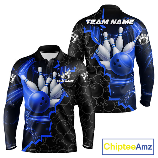 Black and Blue Camo Bowling Polo, 1/4 Zip Shirts For Men Custom Bowling Team Jersey, Bowler Outfit NQS11750
