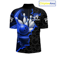 Load image into Gallery viewer, Black and Blue Camo Bowling Polo, 1/4 Zip Shirts For Men Custom Bowling Team Jersey, Bowler Outfit NQS11750