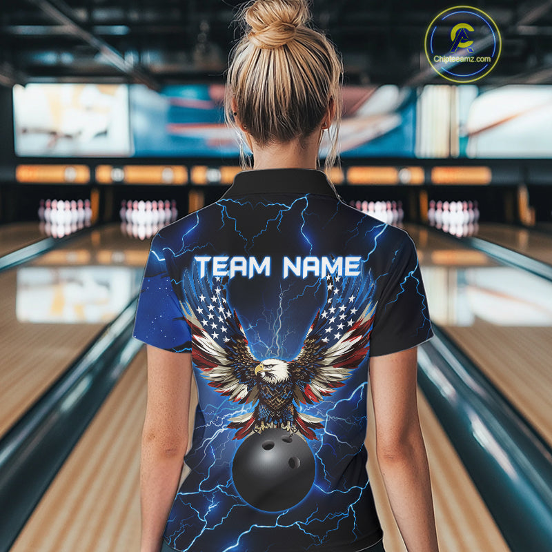 Blue lightning thunder bowling American flag Eagle custom Womens Bowling Polo Shirts, team jerseys NQS7489