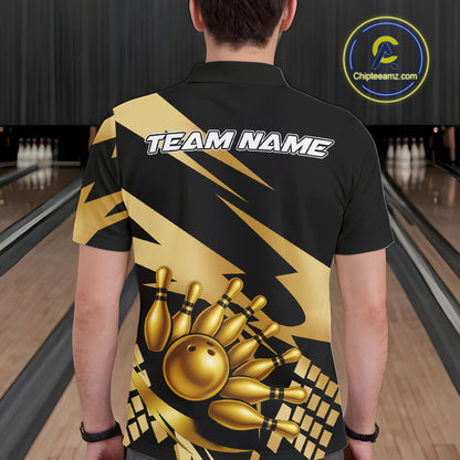 Black and Gold Bowling Polo, Quarter Zip Shirts For Men Custom Team bowling jerseys, gift for bowlers NQS11069