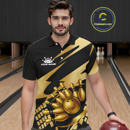 Black and Gold Bowling Polo, Quarter Zip Shirts For Men Custom Team bowling jerseys, gift for bowlers NQS11069