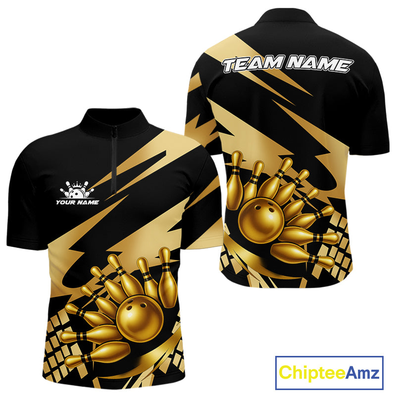 Black and Gold Bowling Polo, Quarter Zip Shirts For Men Custom Team bowling jerseys, gift for bowlers NQS11069