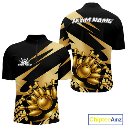Black and Gold Bowling Polo, Quarter Zip Shirts For Men Custom Team bowling jerseys, gift for bowlers NQS11069