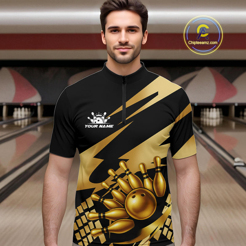 Black and Gold Bowling Polo, Quarter Zip Shirts For Men Custom Team bowling jerseys, gift for bowlers NQS11069
