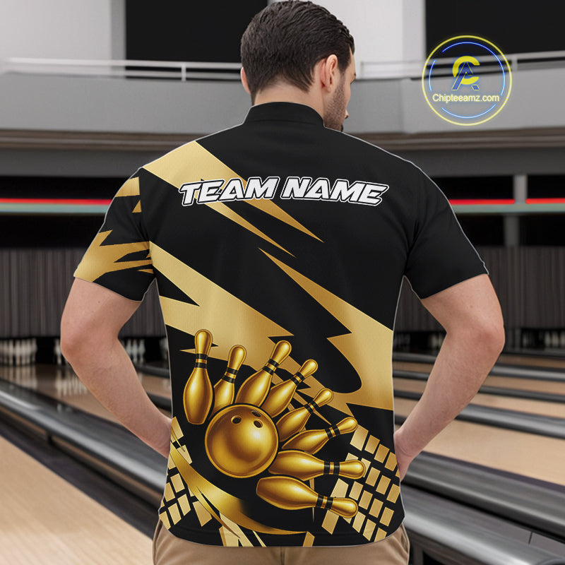 Black and Gold Bowling Polo, Quarter Zip Shirts For Men Custom Team bowling jerseys, gift for bowlers NQS11069