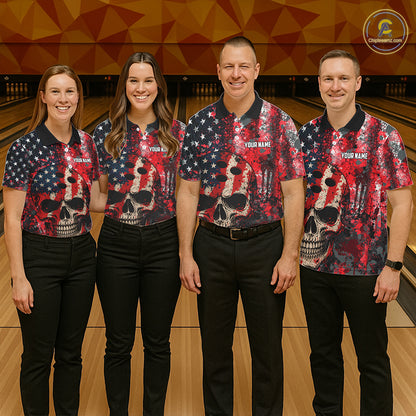 Red, White & Blue American Flag Skull Bowling shirts For Men Custom patriotic Team Bowling Jersey NQS11275