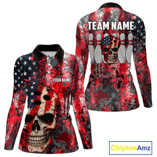 Red, White & Blue American Flag Skull Bowling shirts For Women Custom patriotic Team Bowling Jersey NQS11275