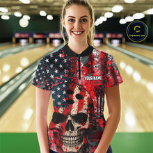 Load image into Gallery viewer, Red, White &amp; Blue American Flag Skull Bowling shirts For Women Custom patriotic Team Bowling Jersey NQS11275