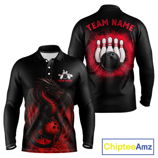 Black and Red Flame Dragon Bowling Polo, 1/4 zip shirts for Men Custom Dragon team bowling jerseys NQS11482