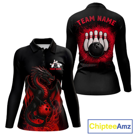 Black and Red Flame Dragon Bowling Polo, 1/4 zip shirts for Women Custom Dragon team bowling jerseys NQS11482