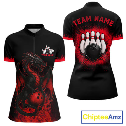 Black and Red Flame Dragon Bowling Polo, 1/4 zip shirts for Women Custom Dragon team bowling jerseys NQS11482