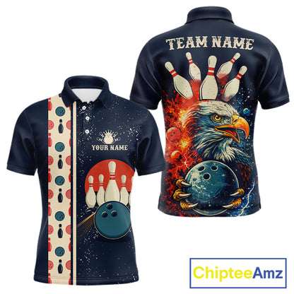 Custom Red, white and blue Eagle Retro Bowling Polo, 1/4 zip Shirts For Men, Bowling Team jerseys NQS11666