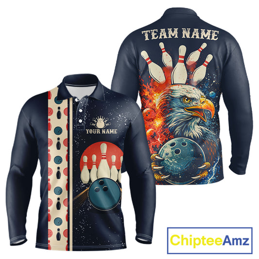 Custom Red, white and blue Eagle Retro Bowling Polo, 1/4 zip Shirts For Men, Bowling Team jerseys NQS11666