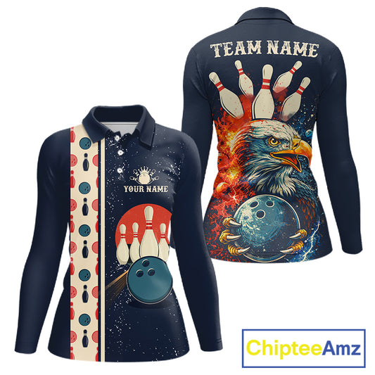Custom Red, white and blue Eagle Retro Bowling Polo, 1/4 zip Shirts For Women, Bowling Team jerseys NQS11666