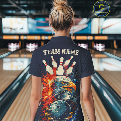 Custom Red, white and blue Eagle Retro Bowling Polo, 1/4 zip Shirts For Women, Bowling Team jerseys NQS11666