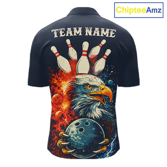 Custom Red, white and blue Eagle Retro Bowling Polo, 1/4 zip Shirts For Men, Bowling Team jerseys NQS11666