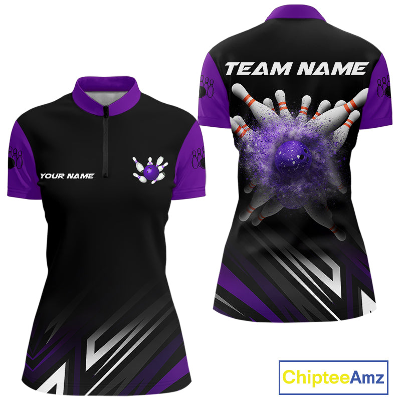 Personalized Bowling shirts for women custom Black and Purple Bowling team jerseys, gift for bowlers NQS11080
