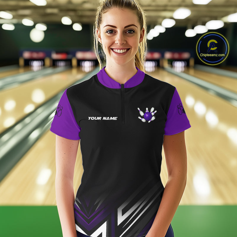 Personalized Bowling shirts for women custom Black and Purple Bowling team jerseys, gift for bowlers NQS11080