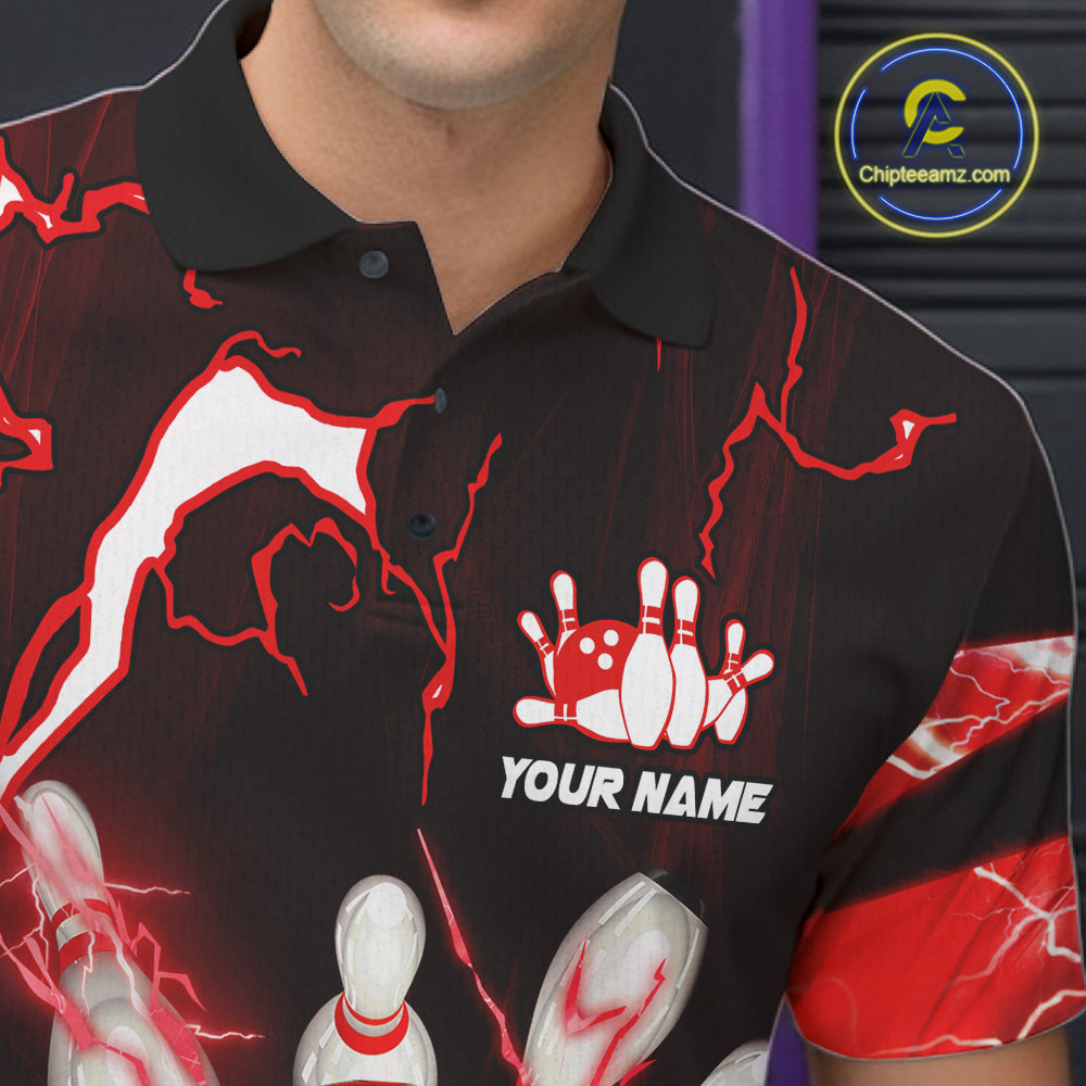 Red Thunder Lightning bowling ball and pins jerseys Custom Team Bowling Polo, 1/4 Zip Shirts For Men NQS11281