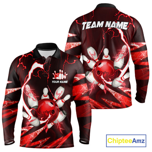 Red Thunder Lightning bowling ball and pins jerseys Custom Team Bowling Polo, 1/4 Zip Shirts For Men NQS11281