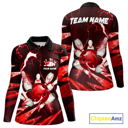 Red Thunder Lightning bowling ball and pins jersey Custom Team Bowling Polo, 1/4 Zip Shirt For Women NQS11281