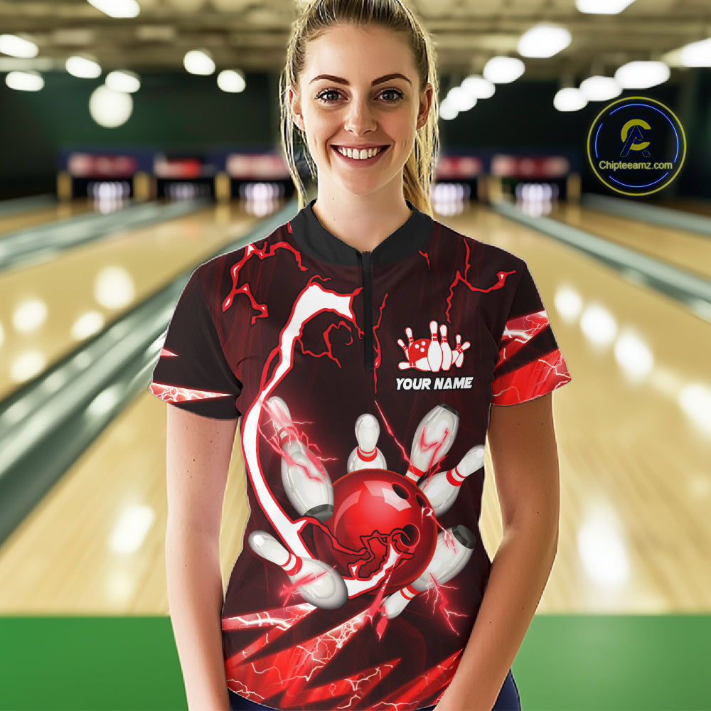 Red Thunder Lightning bowling ball and pins jersey Custom Team Bowling Polo, 1/4 Zip Shirt For Women NQS11281