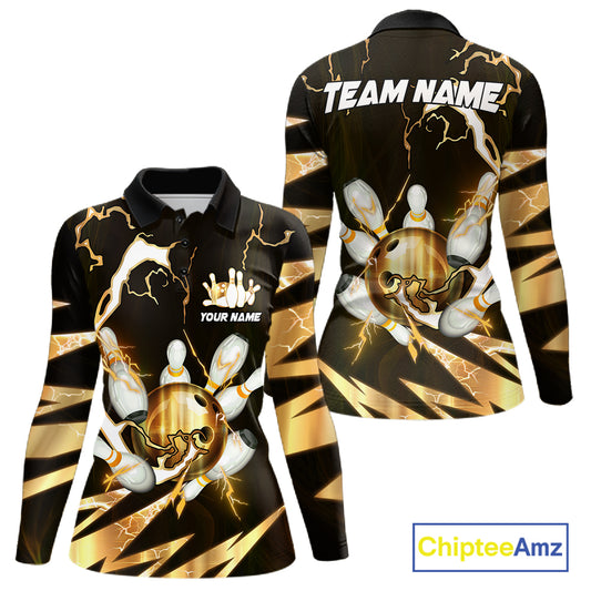 Gold Thunder Lightning bowling ball and pins jersey Custom Team Bowling Polo, 1/4 Zip Shirt For Women NQS11282
