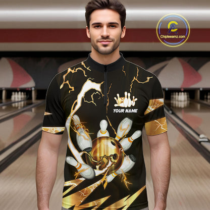 Gold Thunder Lightning bowling ball and pins jerseys Custom Team Bowling Polo, 1/4 Zip Shirts For Men NQS11282