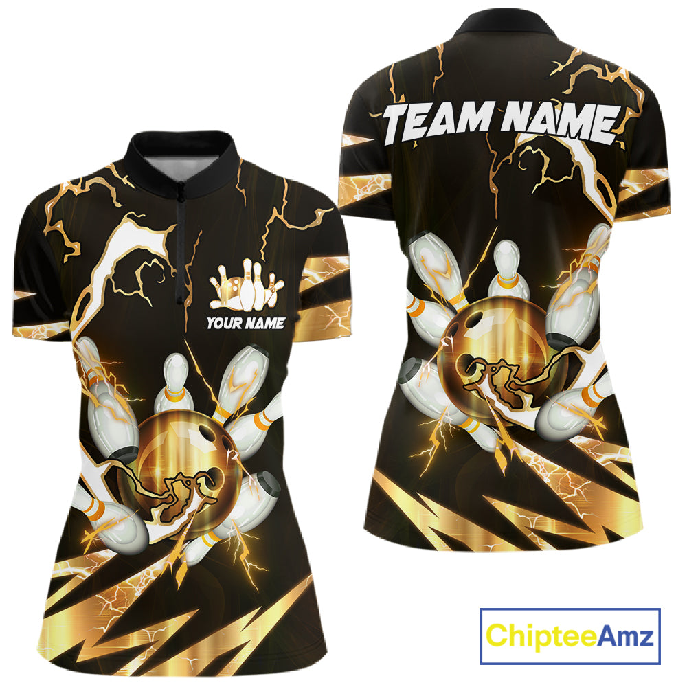 Gold Thunder Lightning bowling ball and pins jersey Custom Team Bowling Polo, 1/4 Zip Shirt For Women NQS11282