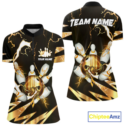Gold Thunder Lightning bowling ball and pins jersey Custom Team Bowling Polo, 1/4 Zip Shirt For Women NQS11282