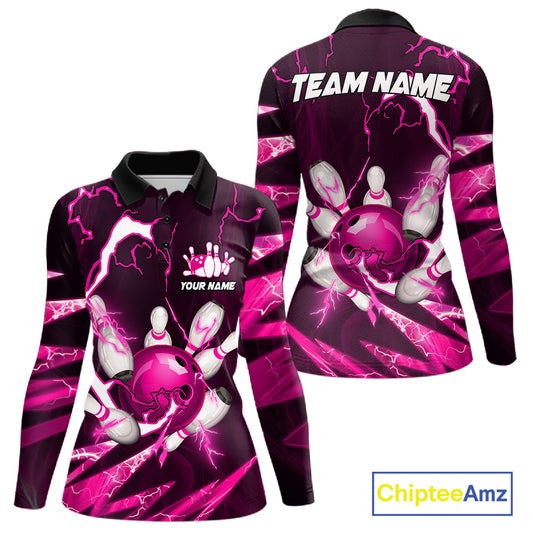 Pink Thunder Lightning bowling ball and pins jersey Custom Team Bowling Polo, 1/4 Zip Shirt For Women NQS11283