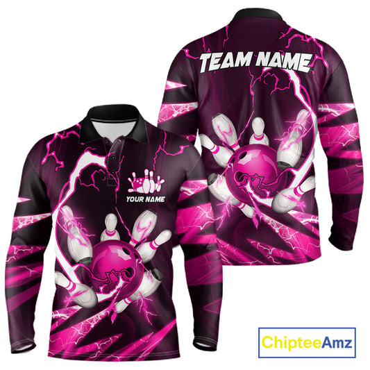 Pink Thunder Lightning bowling ball and pins jerseys Custom Team Bowling Polo, 1/4 Zip Shirts For Men NQS11283