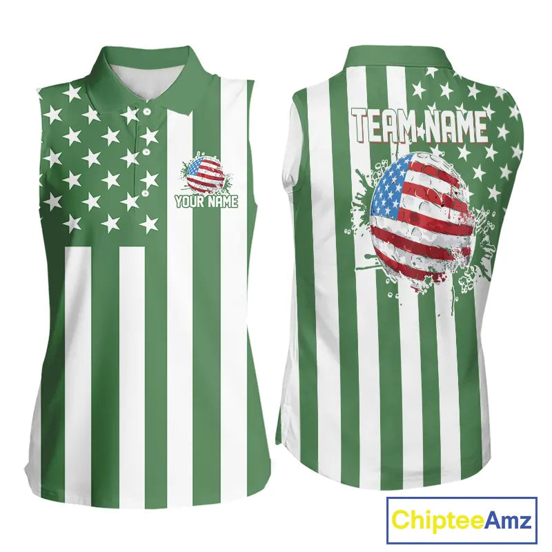 Women's Sleeveless golf polo shirts custom Red, white and green American flag Ladies Golf tops NQS11487