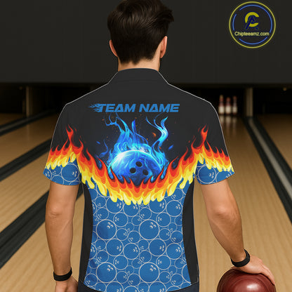 Black and Blue Camo Flame Bowling Hawaiian shirts Custom team bowling league jerseys NQS11492