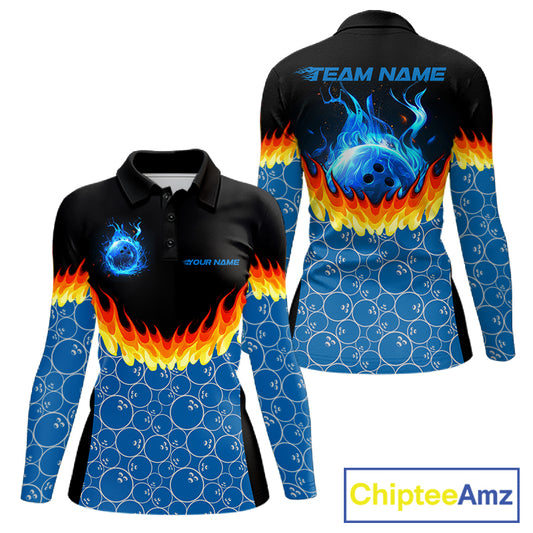 Black and Blue Camo Flame Bowling shirts for Women Custom team ladies bowling league jerseys NQS11492