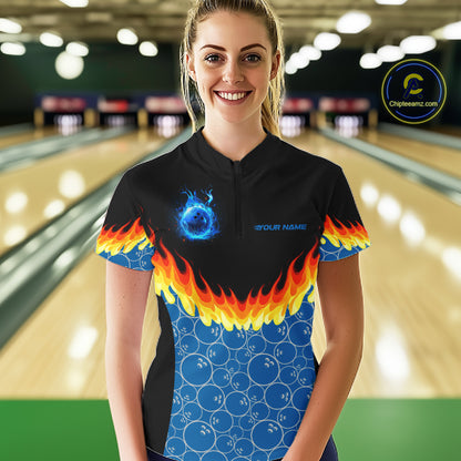 Black and Blue Camo Flame Bowling shirts for Women Custom team ladies bowling league jerseys NQS11492