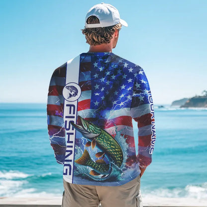 American Flag Northern Pike lightning Long Sleeve Fishing Shirts custom Patriotic Pike fishing jerseys NQS9562