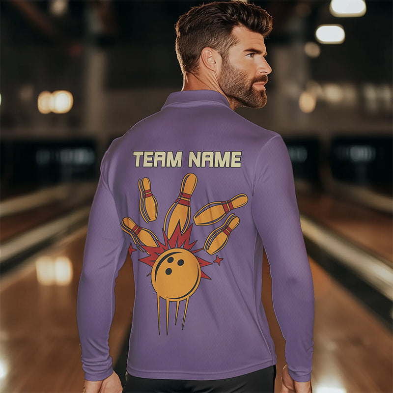 Yellow & Purple Retro Bowling Polo, Quarter Zip shirt for Men Custom vintage team bowling jersey NQS9720