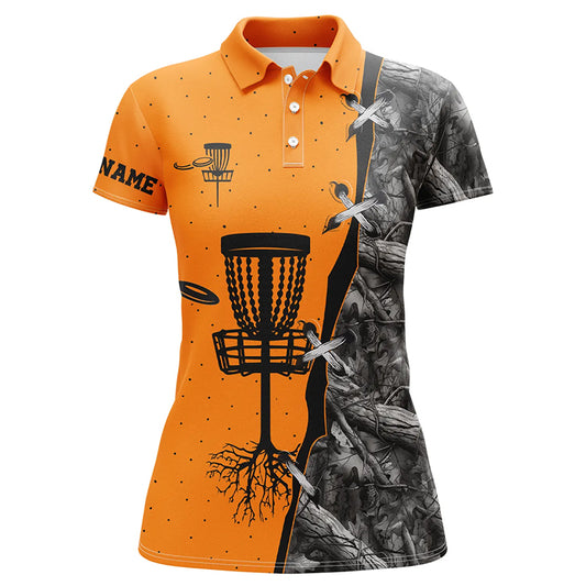 Women disc golf polo shirt black camo disc golf hole custom disc golf team shirt | Orange NQS6416