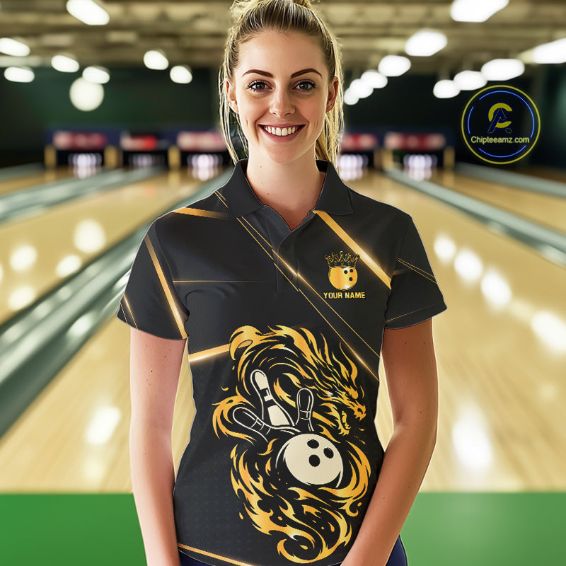 Black and Gold Flame Dragon Bowling Polo, 1/4 Zip Shirt for Women Custom Bowling Team League Jersey NQS10904