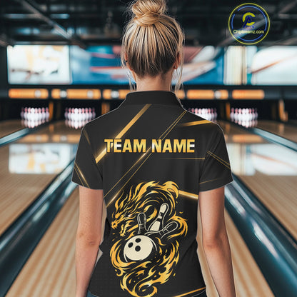 Black and Gold Flame Dragon Bowling Polo, 1/4 Zip Shirt for Women Custom Bowling Team League Jersey NQS10904
