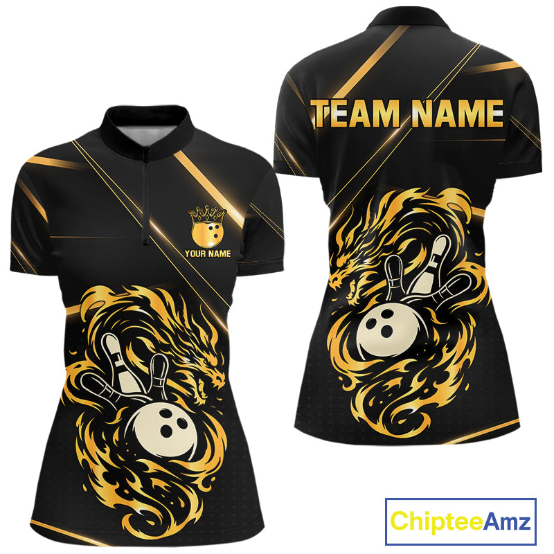 Black and Gold Flame Dragon Bowling Polo, 1/4 Zip Shirt for Women Custom Bowling Team League Jersey NQS10904