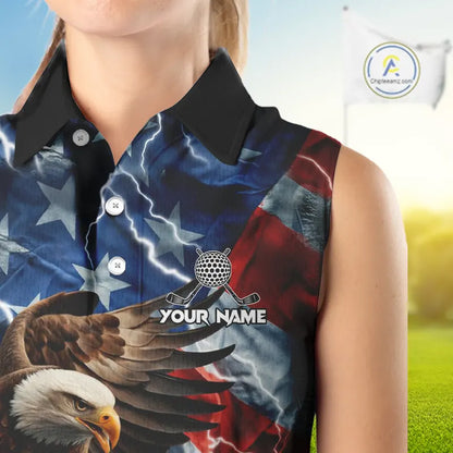 American Flag Eagle Lightning Thunder Sleeveless Golf Polo Shirts Custom Patriotic Golf Team Jerseys NQS11503