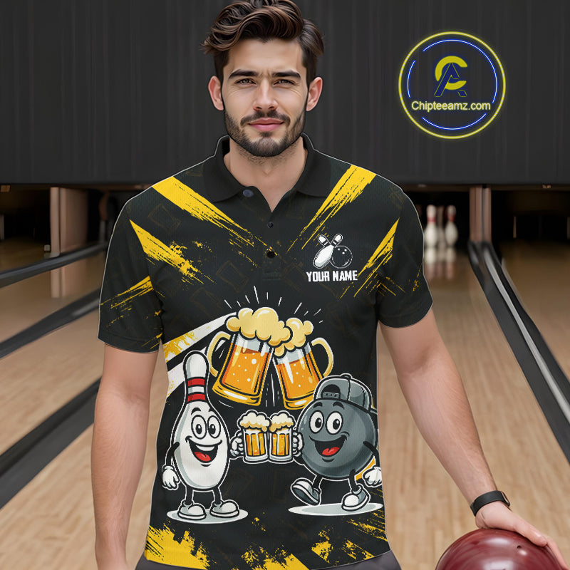 Custom Black And Yellow Funny Beer Bowling Men Polo, Quarter Zip Shirts, funny bowling shirts NQS11098