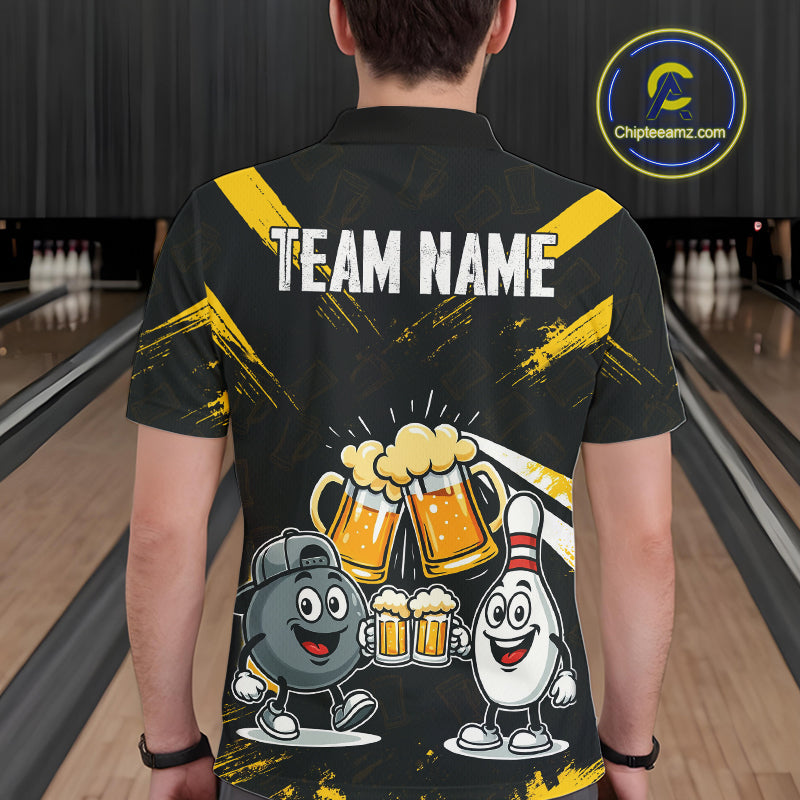 Custom Black And Yellow Funny Beer Bowling Men Polo, Quarter Zip Shirts, funny bowling shirts NQS11098