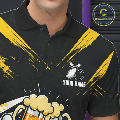 Custom Black And Yellow Funny Beer Bowling Men Polo, Quarter Zip Shirts, funny bowling shirts NQS11098