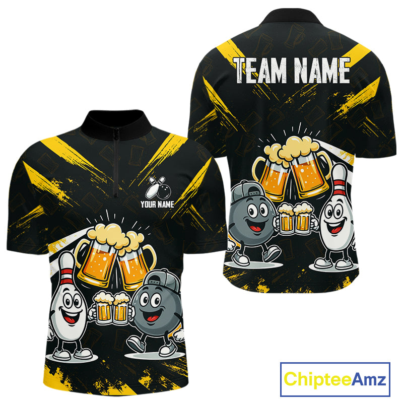 Custom Black And Yellow Funny Beer Bowling Men Polo, Quarter Zip Shirts, funny bowling shirts NQS11098