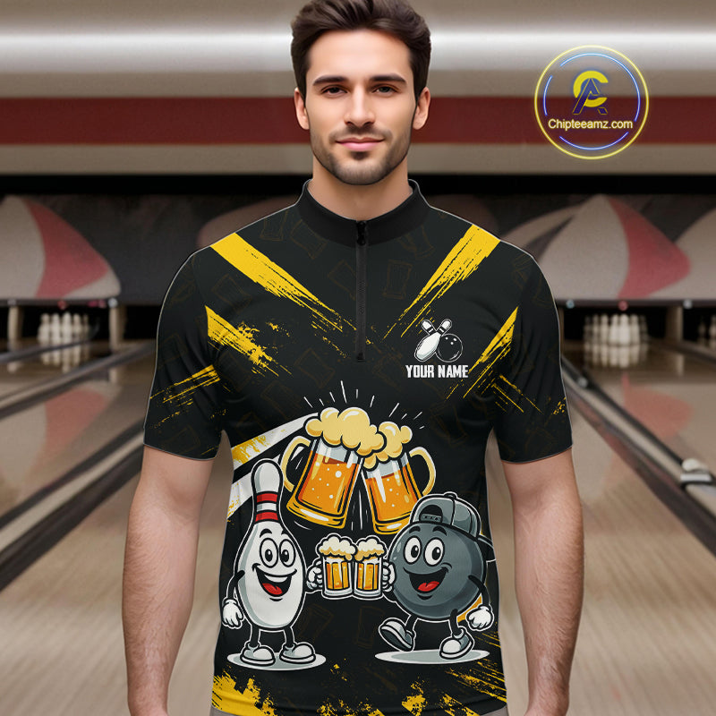 Custom Black And Yellow Funny Beer Bowling Men Polo, Quarter Zip Shirts, funny bowling shirts NQS11098