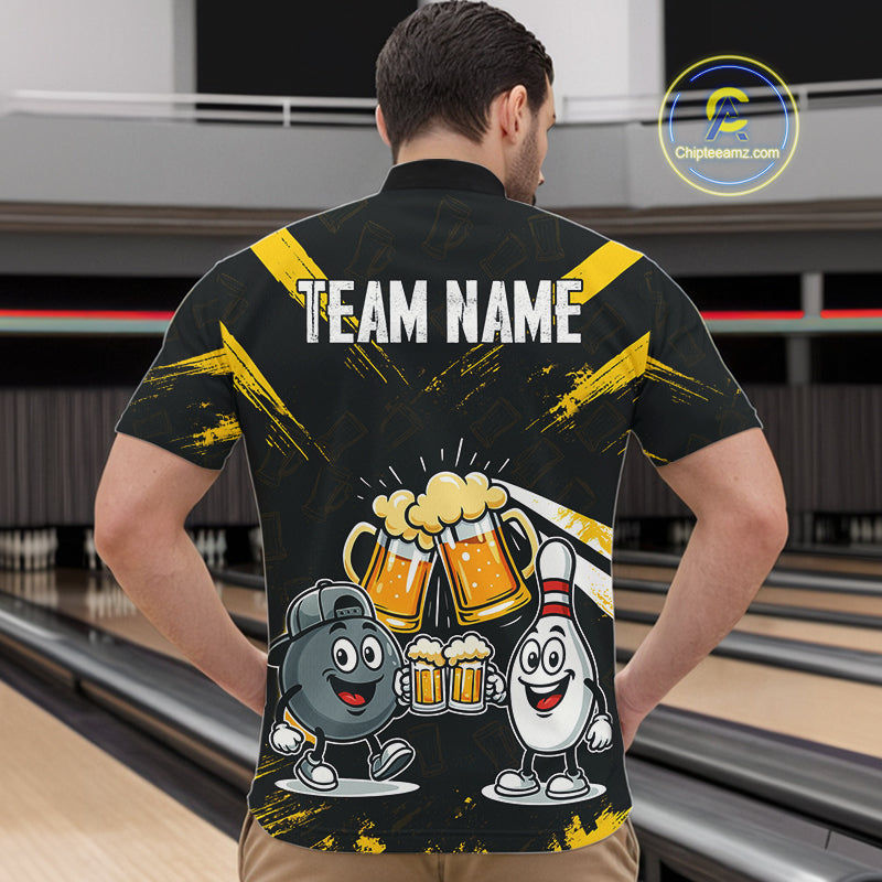 Custom Black And Yellow Funny Beer Bowling Men Polo, Quarter Zip Shirts, funny bowling shirts NQS11098